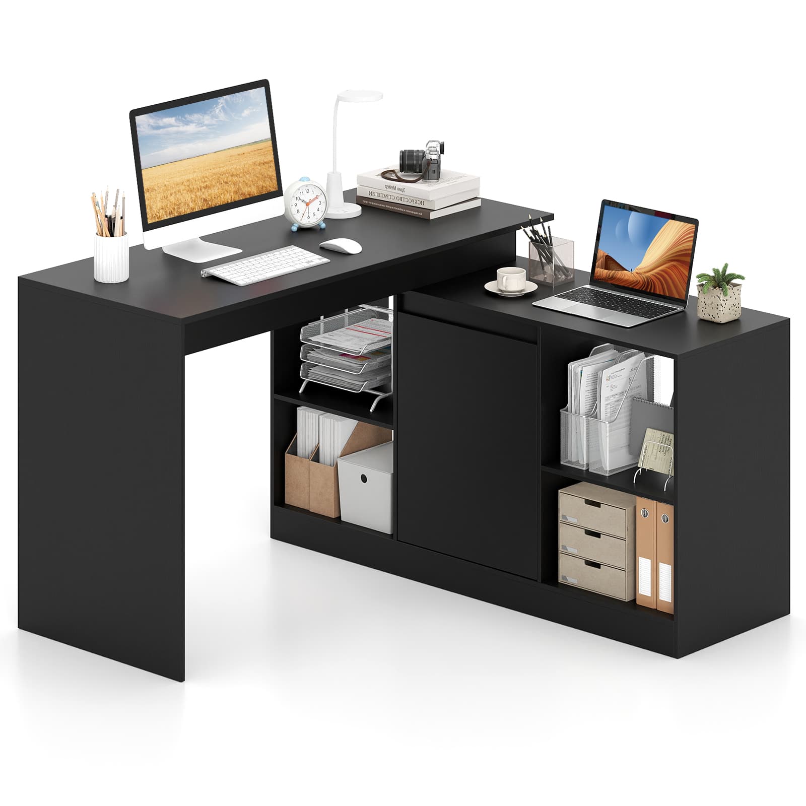 Gymax - 48'' Reversible L-shaped Computer Desk w/2 Doors 4 Open Storage Cubes for Office - Black