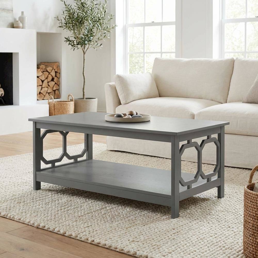 Back. FurniFact - Coffee Table MDF in Neutral Finish with Lower Shelf Storage Surface - Gray.