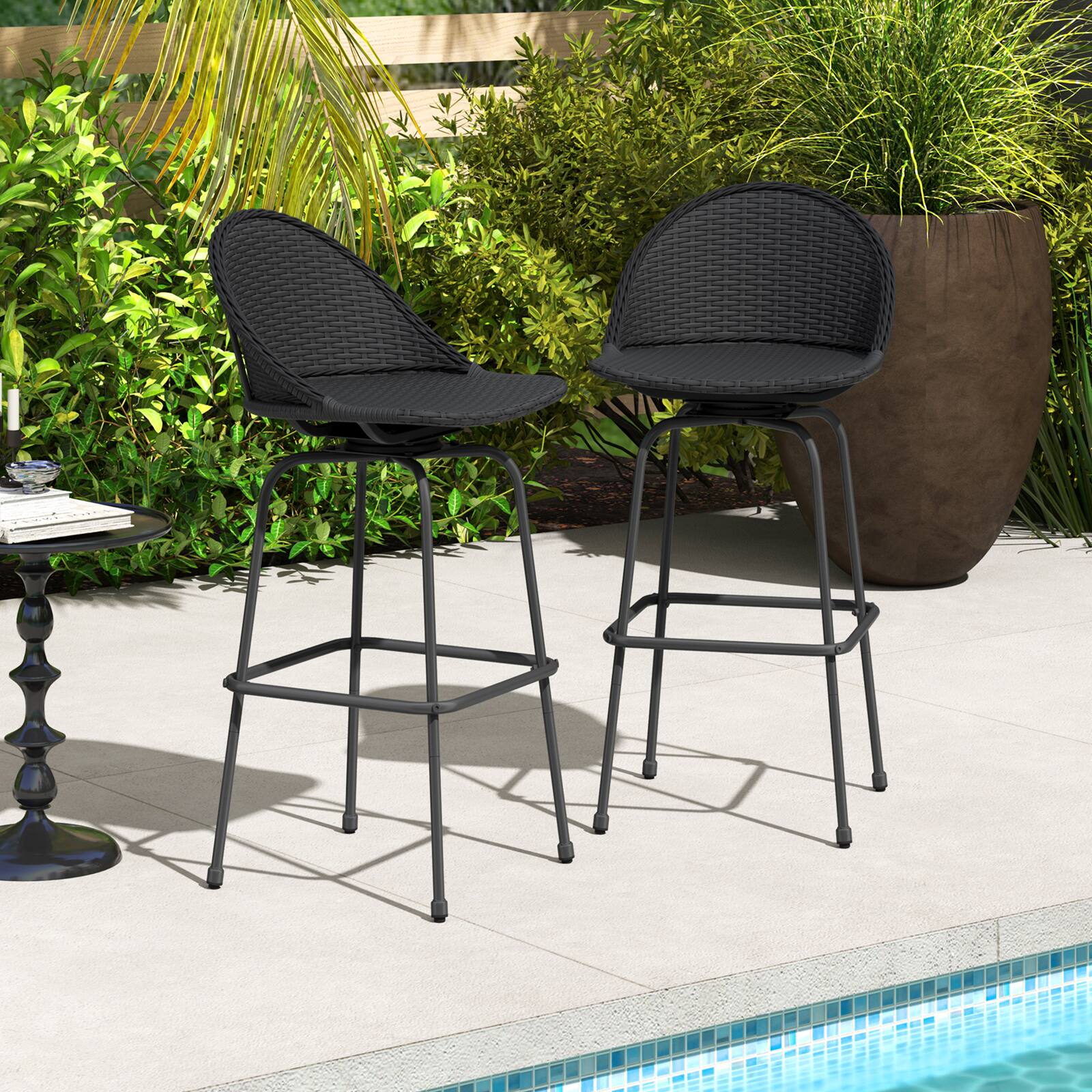 Alt View 1. Gymax - Gymax Rattan Swivel Barstools Set of 2 w/ Curved Back & Heavy-Duty Metal Support - Black.