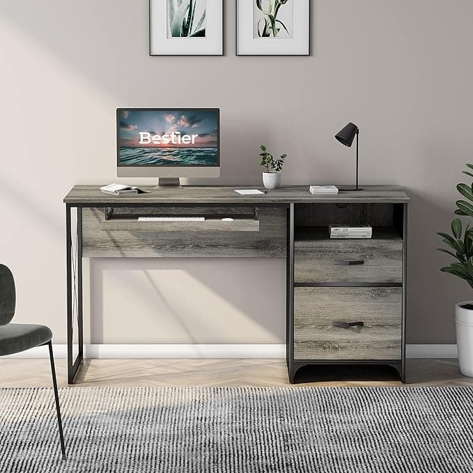 Front. Bestier - 55 Inch Computer Desk with File Cabinet & Keyboard Tray, Study&Executive Workstation - Retro Gray Oak Dark.