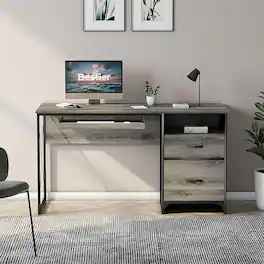 Bestier - 55 Inch Computer Desk with File Cabinet & Keyboard Tray, Study&Executive Workstation - Retro Gray Oak Dark