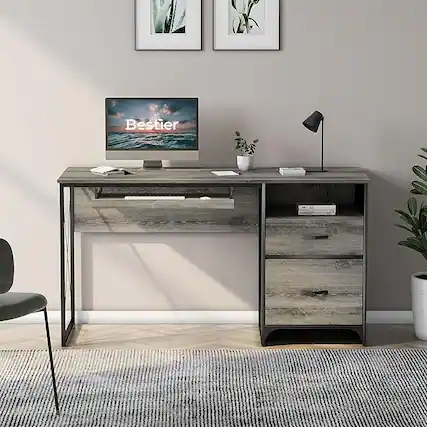 Front. Bestier - 55 Inch Computer Desk with File Cabinet & Keyboard Tray, Study&Executive Workstation - Retro Gray Oak Dark.
