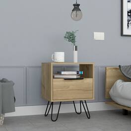 Loheer - Light Oak Nightstand with Open Shelf, Single-Door Cabinet and Hairpin Legs - Beige