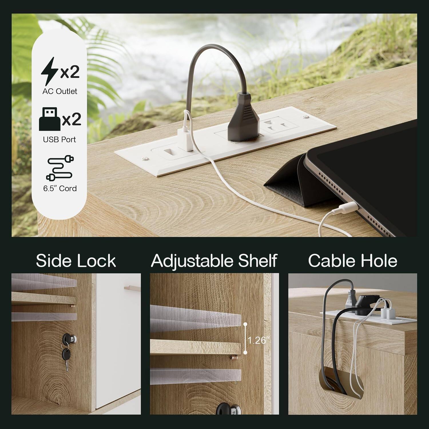 - x2 AC Outlet
- x2 USB Port
- 6.5" Cord

- Side Lock
- Adjustable Shelf
- Cable Hole

- 1.26"