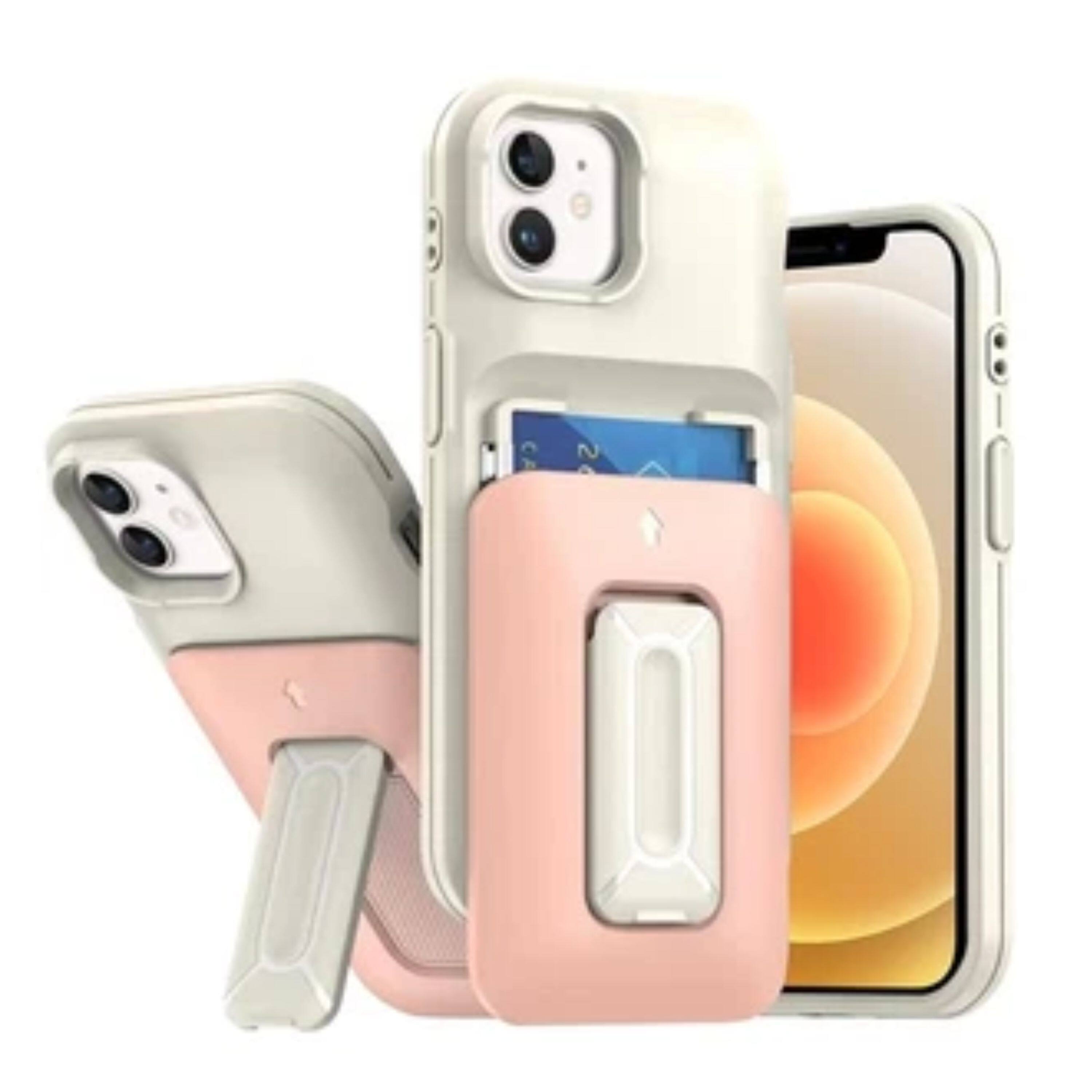 Angle. Kitcheniva - Matte Finish Phone Case With Card Holder Kickstand Strap Tempered Glass For iPhone 12/12 Pro Beige Light Pink - Beige Light Pink.