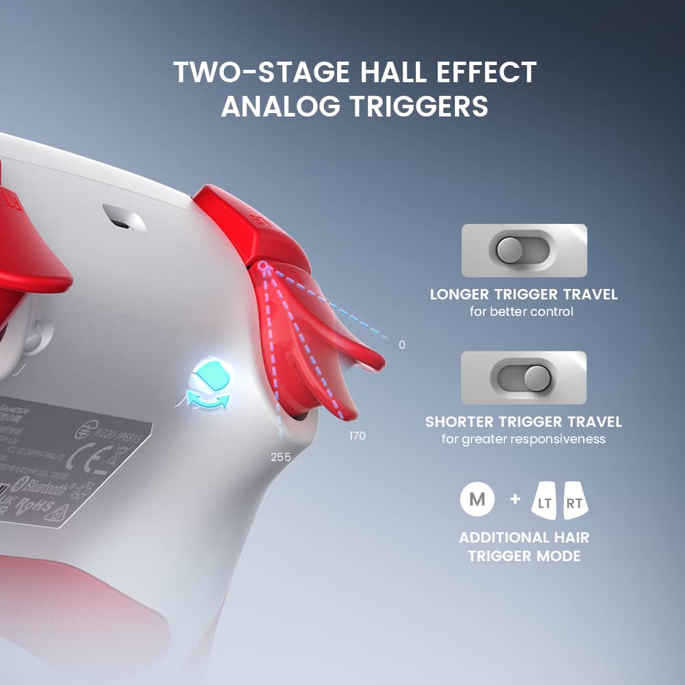 Two-Stage Hall Effect Analog Triggers:
* Longer Trigger Travel for better control
* Shorter Trigger Travel for greater responsiveness
* Additional Hair Trigger Mode