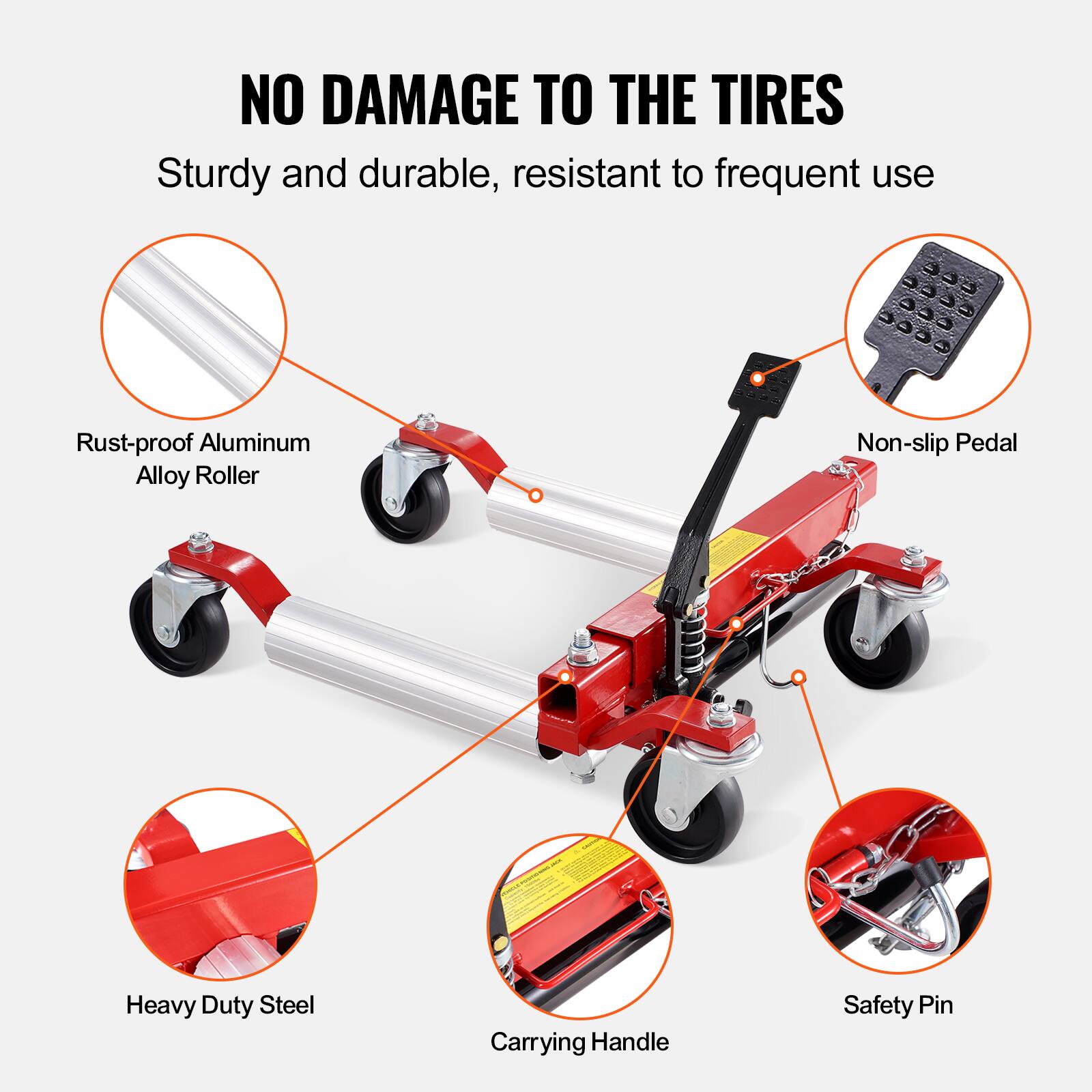 NO DAMAGE TO THE TIRES

Sturdy and durable, resistant to frequent use

- Rust-proof Aluminum Alloy Roller
- Non-slip Pedal
- Heavy Duty Steel
- Carrying Handle
- Safety Pin