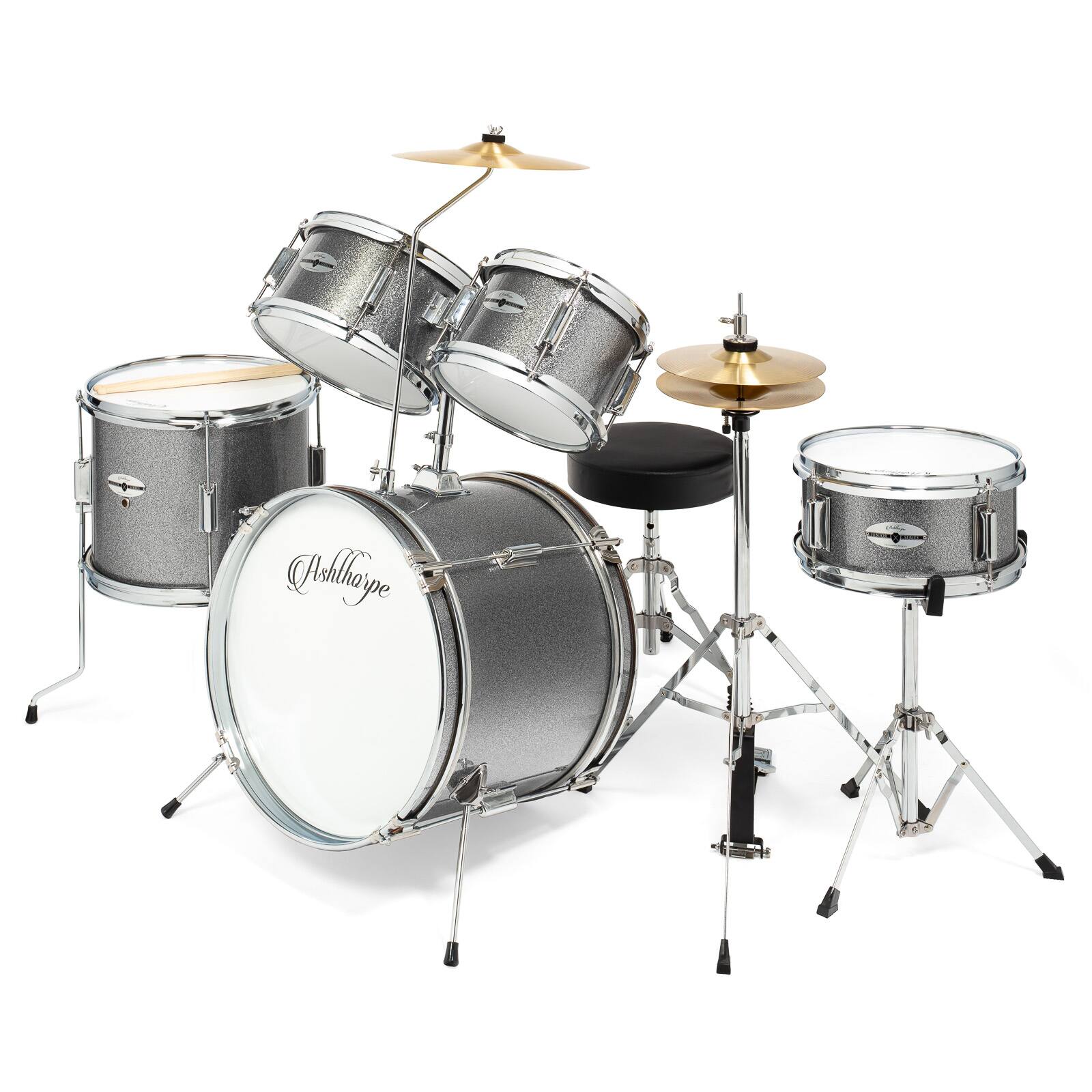 Ashthorpe - Beginner Drum Kit with Brass Cymbals (Set of 5) - Silver