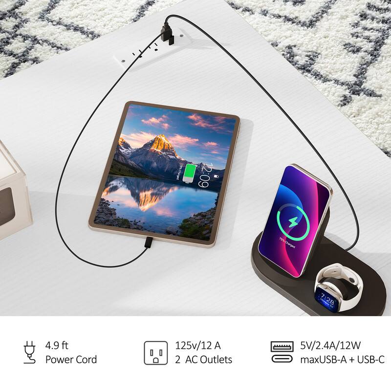 MONE 12:09 78% Charged 7:28 4.9 ft Power Cord 125v/12 A 2 AC Outlets 5V/2.4A/12W maxUSB-A + USB-C
