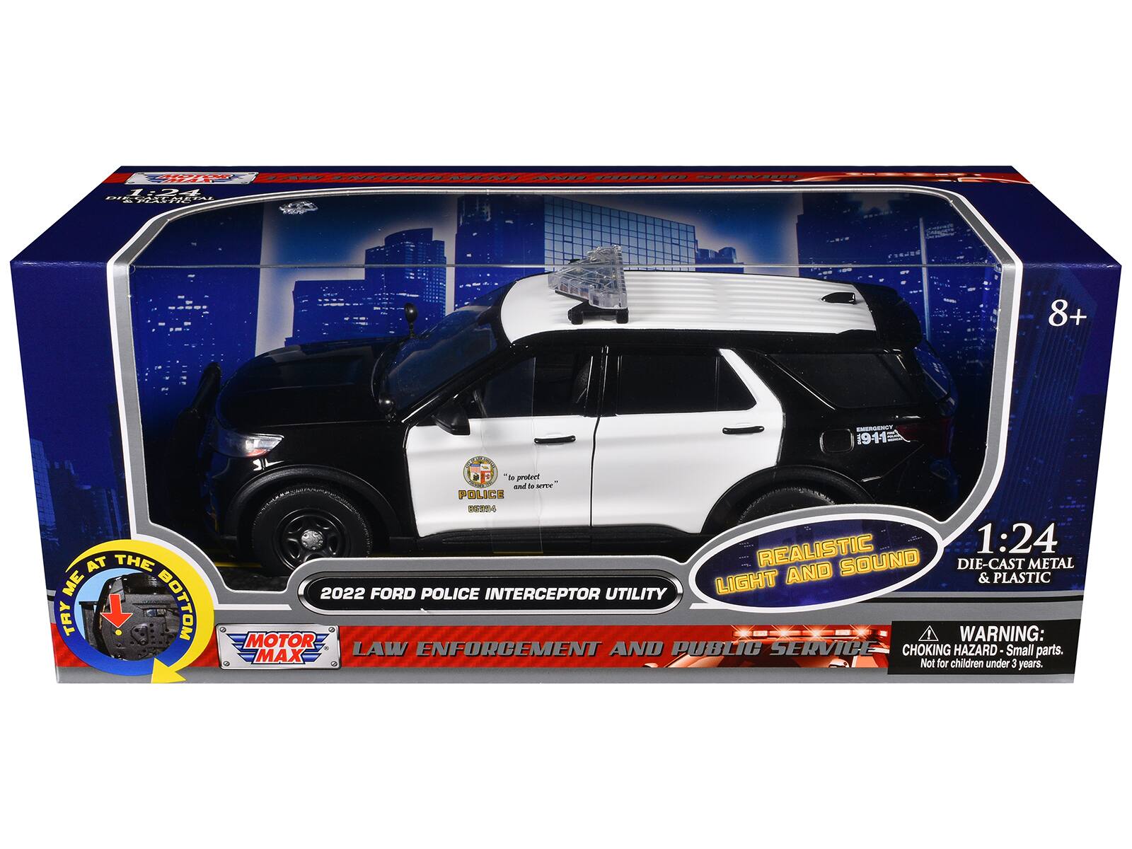 Mae PanK 24 .... 1P1A0 - in 8+ AT THE ME TAY BOTTOM EMERGENCY 1911 E "To protect and to serve" POLICE 1 REALISTIC 1:24 AND SOUND DIE-CAST METAL LIGHT & PLASTIC 2022 FORD POLICE INTERCEPTOR UTILITY MOTOR WARNING: LAW ENFORCEMENT AND PUBLIC SERVICE CHOKING HAZARD- Small parts. Not for children under 3 years.
