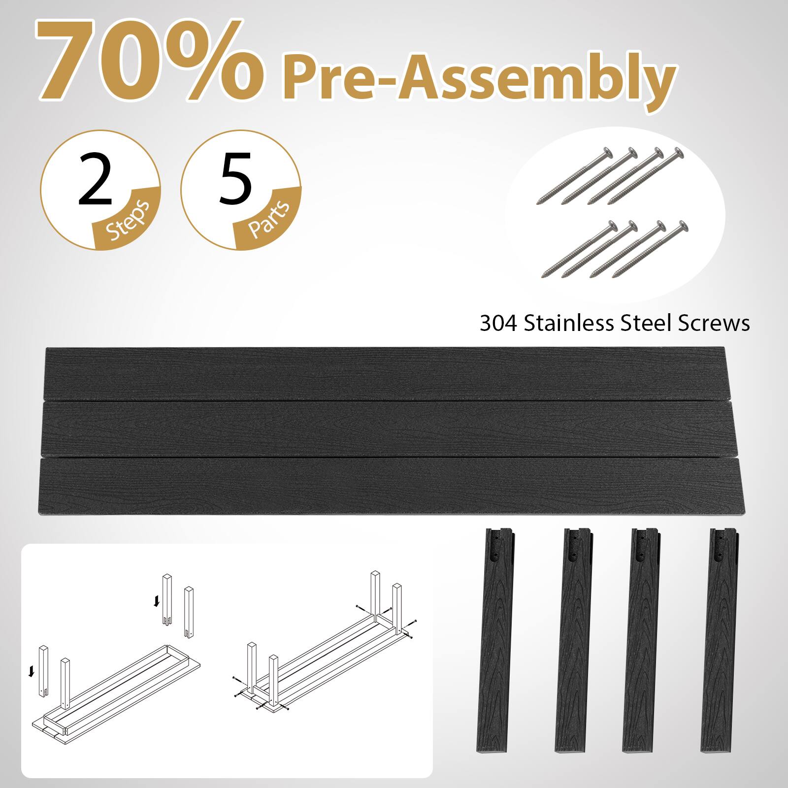 70% Pre-Assembly, 2 Steps, 5 Parts, 304 Stainless Steel Screws