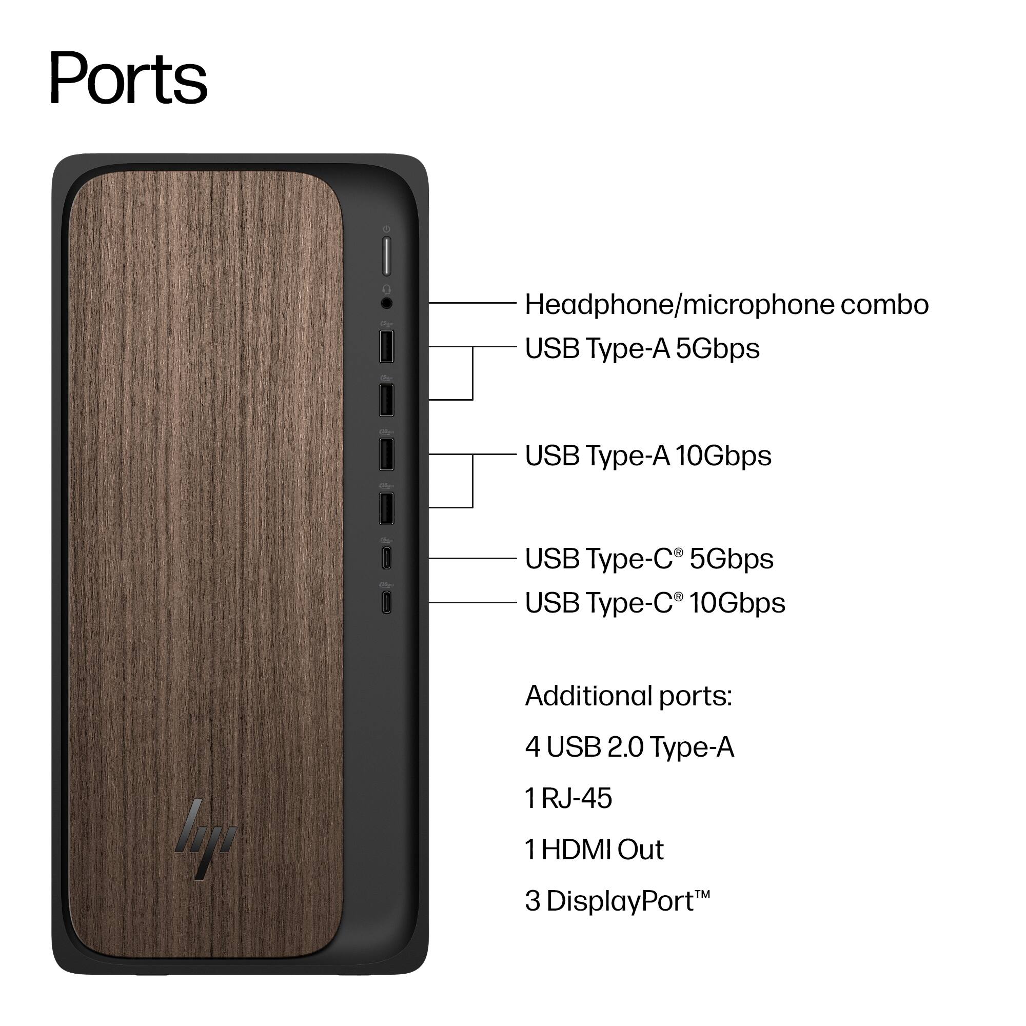 Ports

- Headphone/microphone combo
- USB Type-A 5Gbps
- USB Type-A 10Gbps
- USB Type-C 5Gbps
- USB Type-C 10Gbps

Additional ports:
- 4 USB 2.0 Type-A
- 1 RJ-45
- 1 HDMI Out
- 3 DisplayPort™