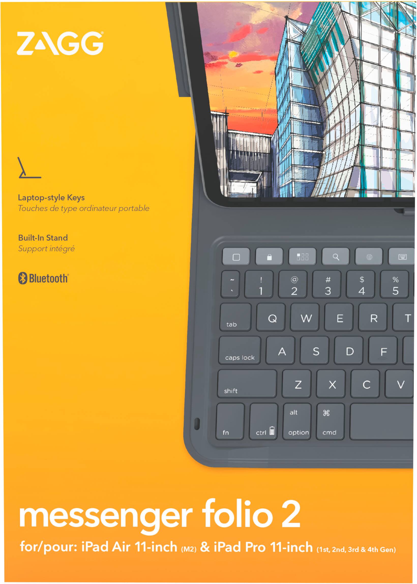 ZAGG Laptop-style Keys Touches de type ordinateur portable Built-In Stand Support intgr Bluetooth - . : 1 2 # 3 $ 4 % 5 tab Q W E R T caps lock A S D F shift Z X C V alt fn ctrl option cmd messenger folio 2 for/pour: iPad Air 11-inch (M2) & iPad Pro 11-inch (1st, 2nd, 3rd & 4th Gen)