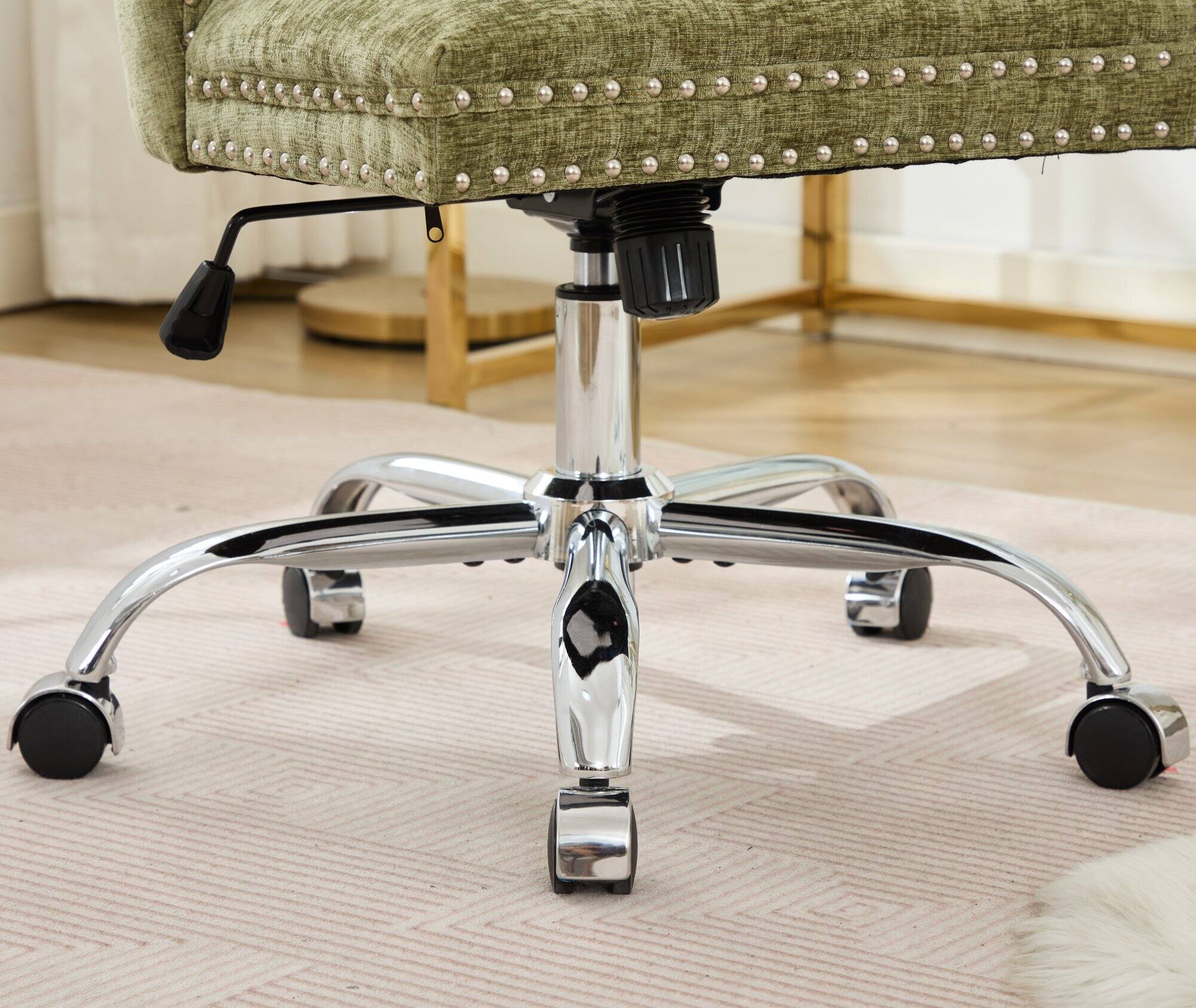 Alt View 5. Trinkets Crazed - Home Office Chair with Wheels & Silver Base,Chenille Fabric Makeup Vanity Chair with Tufted Back, Swivel Desk Chair - Green.