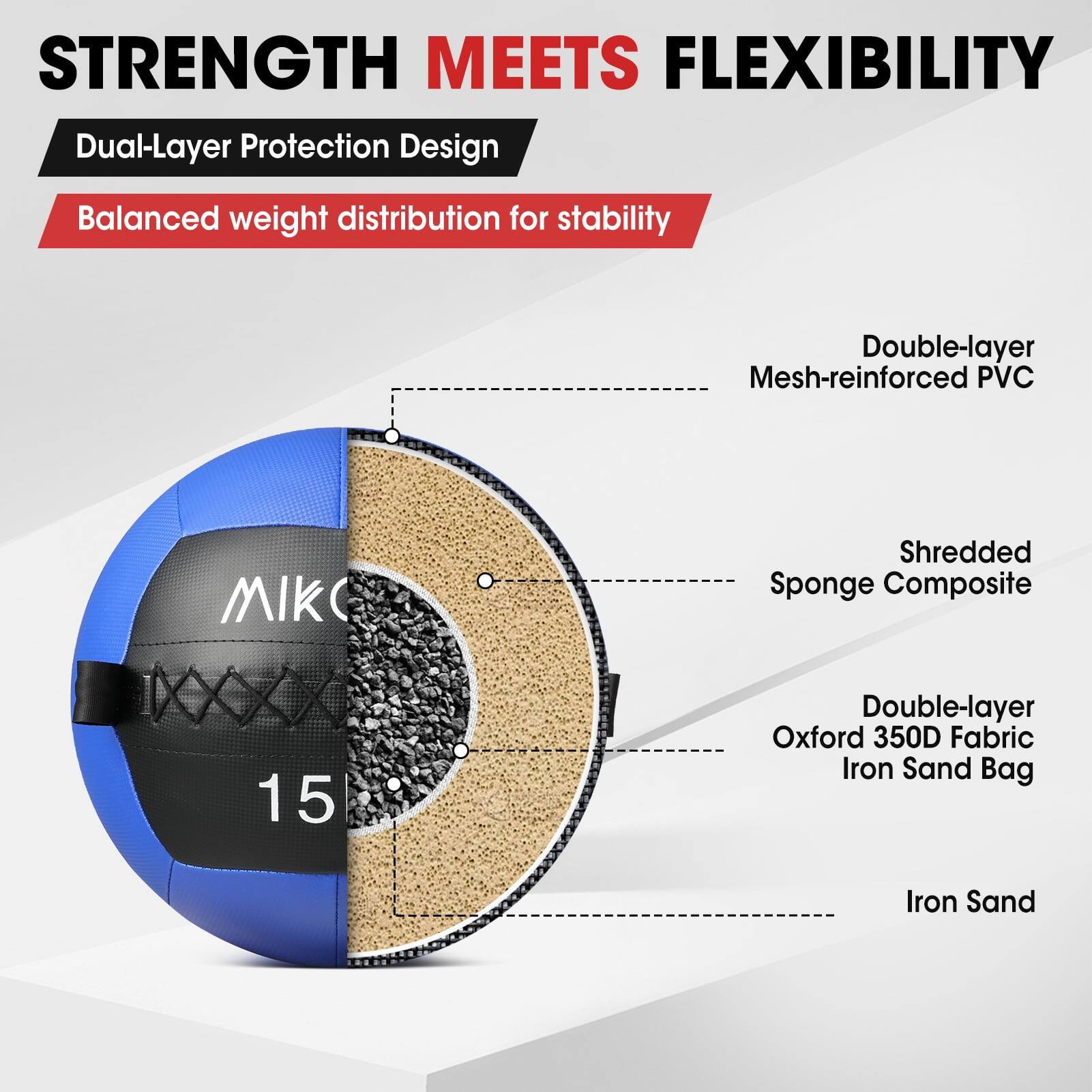 STRENGTH MEETS FLEXIBILITY

Dual-Layer Protection Design

Balanced weight distribution for stability

- Double-layer Mesh-reinforced PVC
- Shredded Sponge Composite
- Double-layer Oxford 350D Fabric Iron Sand Bag
- Iron Sand