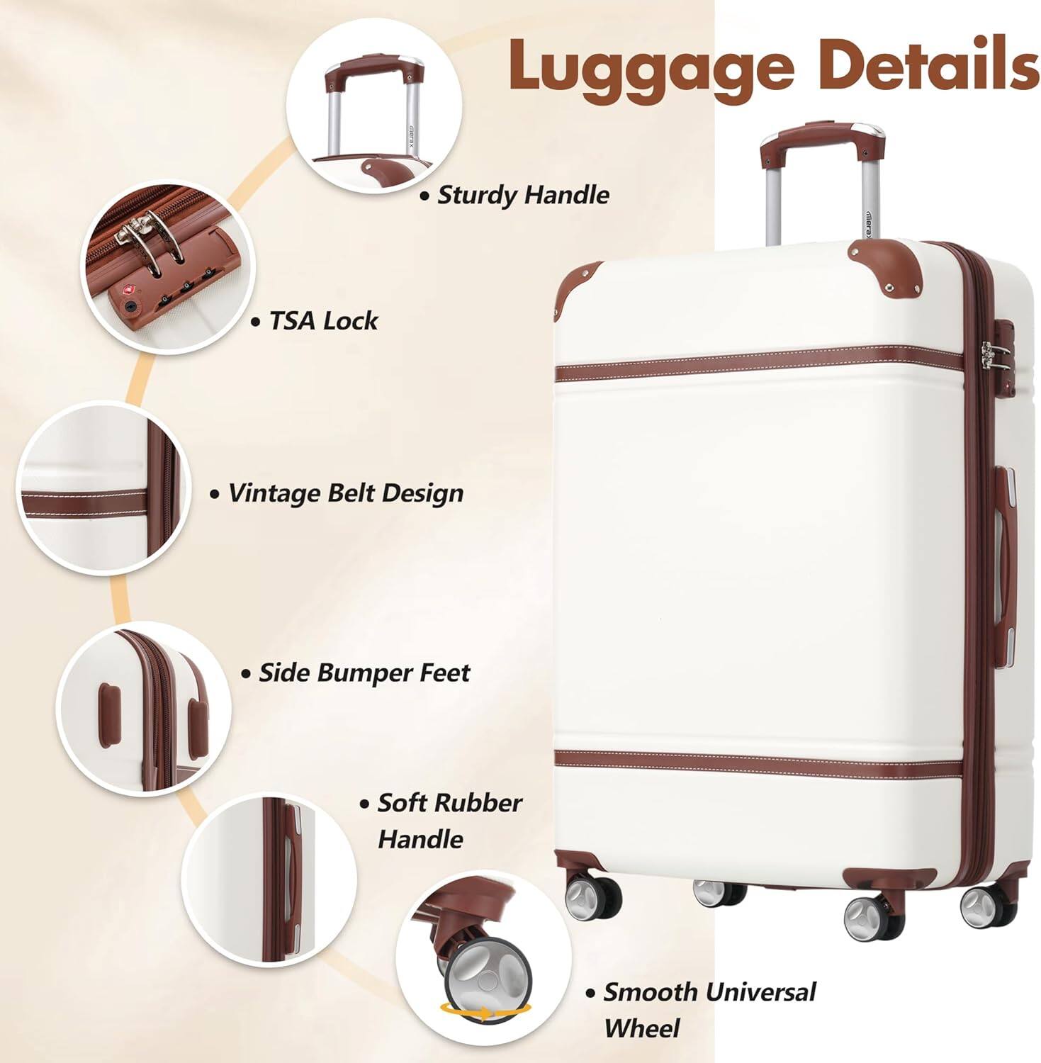 Luggage Details

- Sturdy Handle
- TSA Lock
- Vintage Belt Design
- Side Bumper Feet
- Soft Rubber Handle
- Smooth Universal Wheel