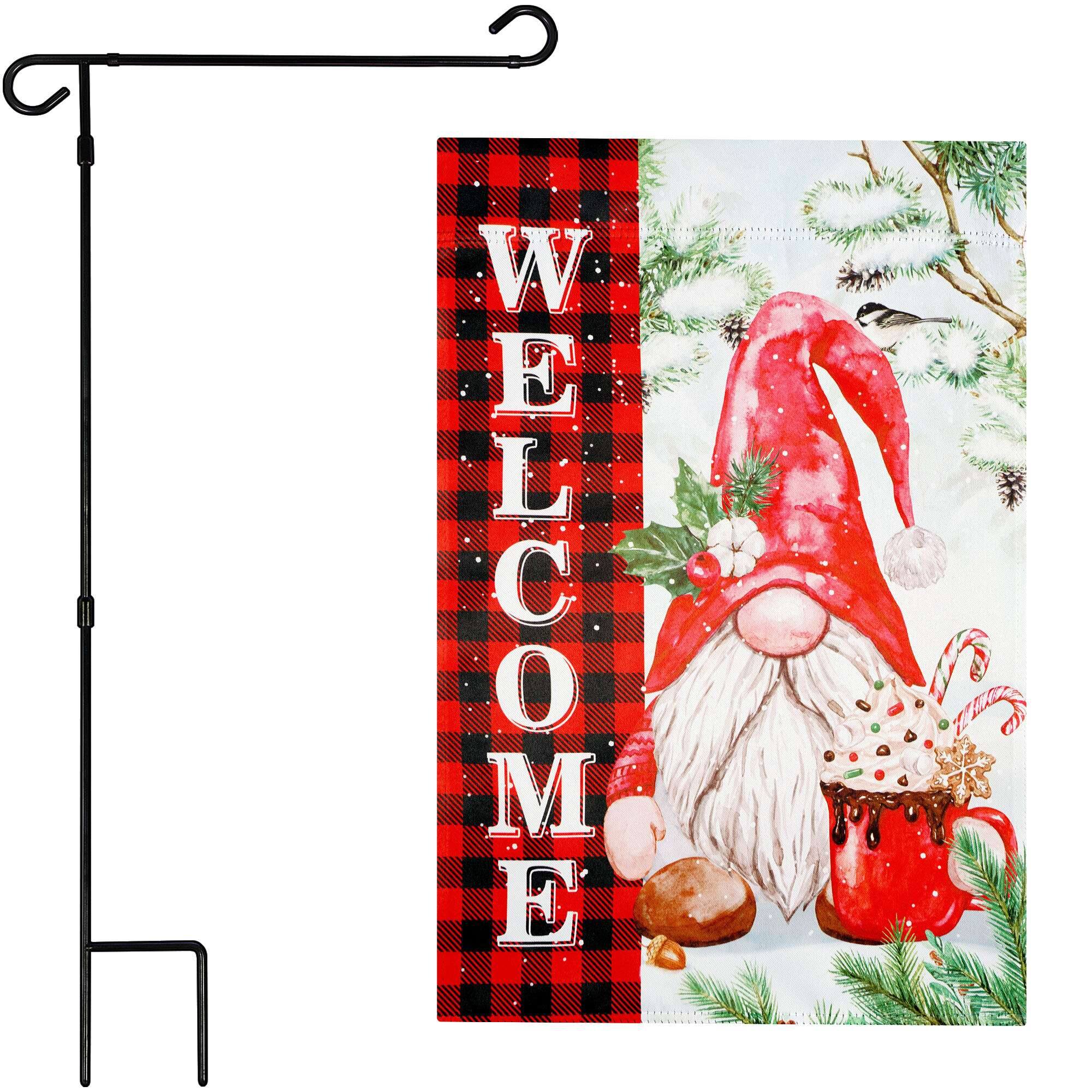 Front. G128 - G128 36x16IN Garden Flag Stand & 12x18 Welcome Christmas Gnome Flag Kit - Black.