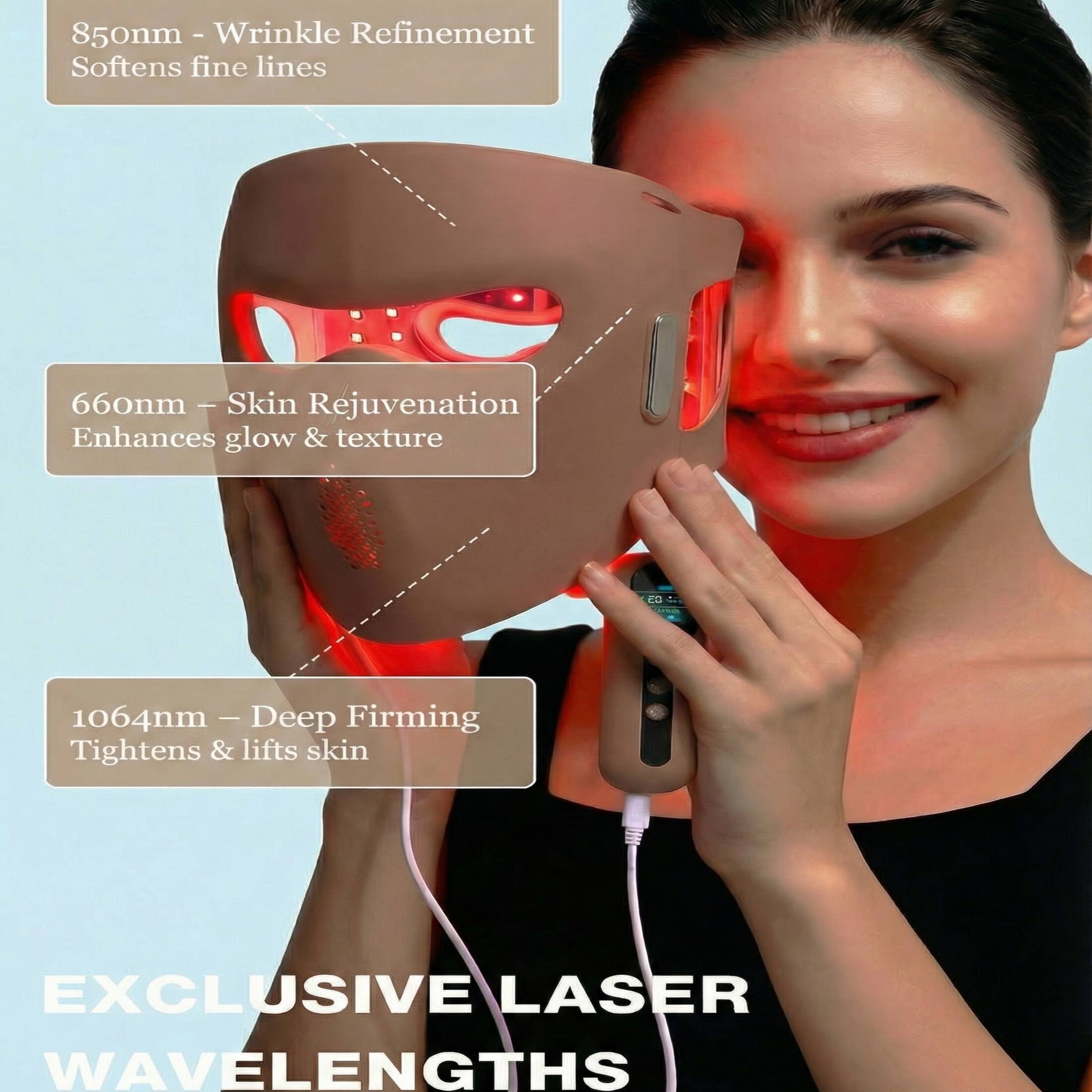850nm - Wrinkle Refinement  
Softens fine lines  

660nm - Skin Rejuvenation  
Enhances glow & texture  

1064nm - Deep Firming  
Tightens & lifts skin  

EXCLUSIVE LASER WAVELENGTHS