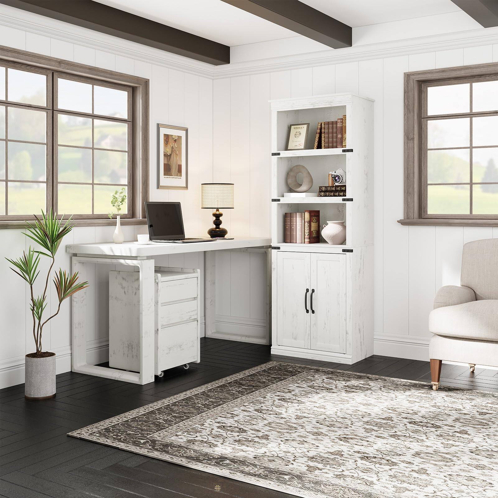 Back. Jojoka - 68.7" Rustic Farmhouse Bookshelf with Doors, 5-Tier Wooden Bookcase with Storage Cabinet - White.