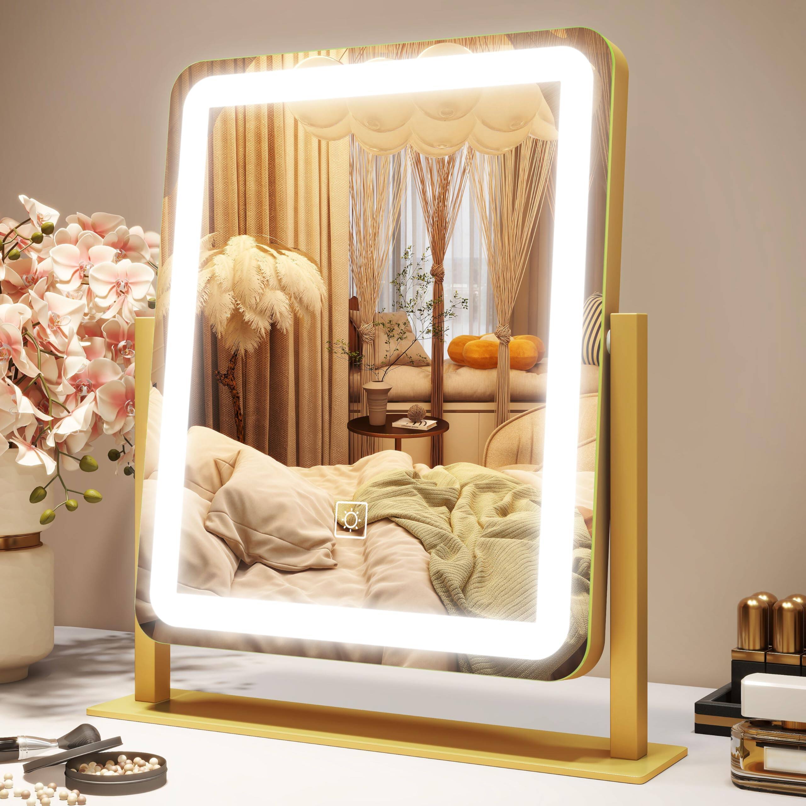 Pacoar Cade - Inch Large Lighted Vanity Mirror With Modes For Bathroom & Dressing Room Or Wall mounted - Gold-15"L x 13"W