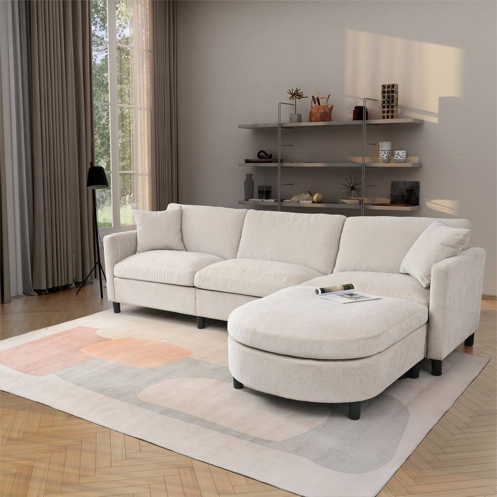 Back. JUJABU - 107.87 in. Beige Sectional Sofa Couch 3 Seater with Ottoman and Cushion - Beige.
