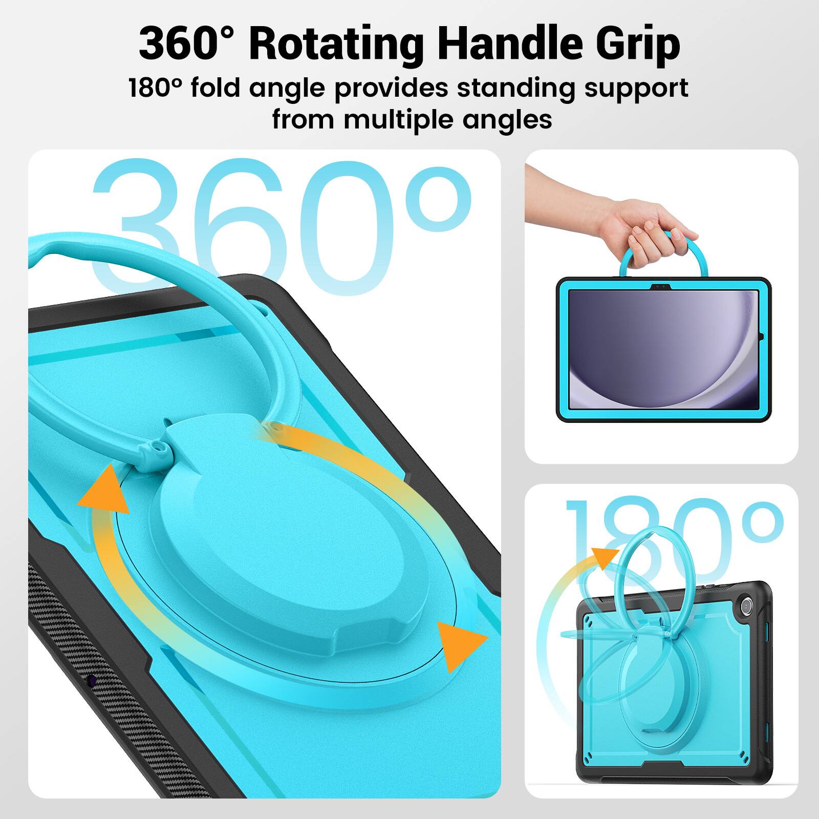 360° Rotating Handle Grip  
180° fold angle provides standing support from multiple angles