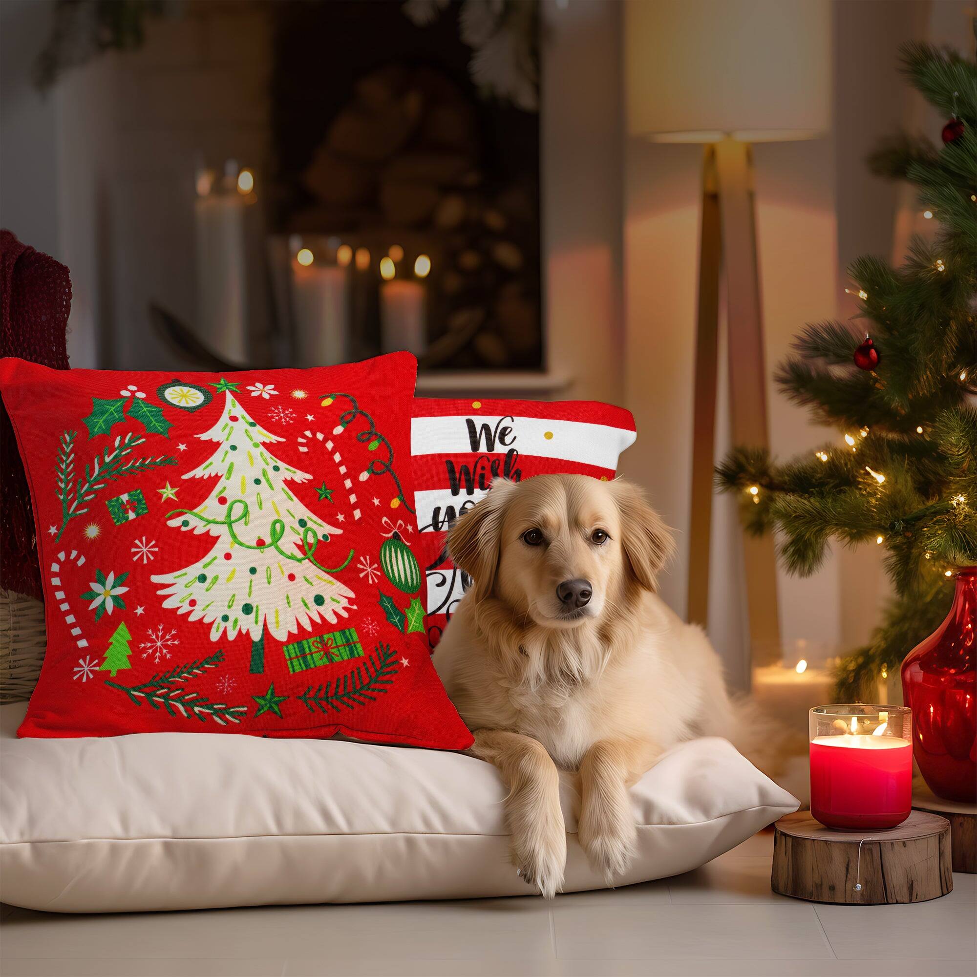 Back. G128 - Christmas Pine and Spruce Waterproof Throw Pillow Set, 18 x 18 in, Set of 4 (Includes Inserts). - Assorted Colors.