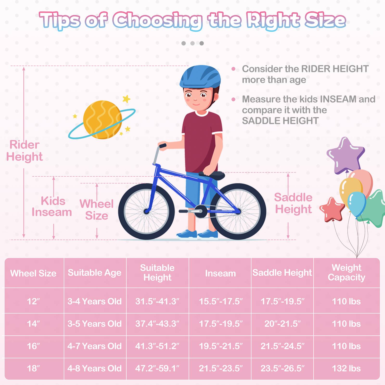 Tips of Choosing the Right Size

- Consider the RIDER HEIGHT more than age
- Measure the kids INSEAM and compare it with the SADDLE HEIGHT

| Wheel Size | Suitable Age | Suitable Height | Inseam | Saddle Height | Weight Capacity |
|------------|--------------|----------------|--------|---------------|----------------|
| 12"        | 3-4 Years Old | 31.5"-41.3"     | 15.5"-17.5" | 17.5"-19.5"    | 110 lbs        |
| 14"        | 3-5 Years Old | 37.4"-43.3"     | 17.5"-19.5" | 20"-21.5"      | 110 lbs        |
| 16"        | 4-7 Years Old | 41.3"-51.2"     | 19.5"-21.5" | 21.5"-24.5"    | 110 lbs        |
| 18"        | 4-8 Years Old