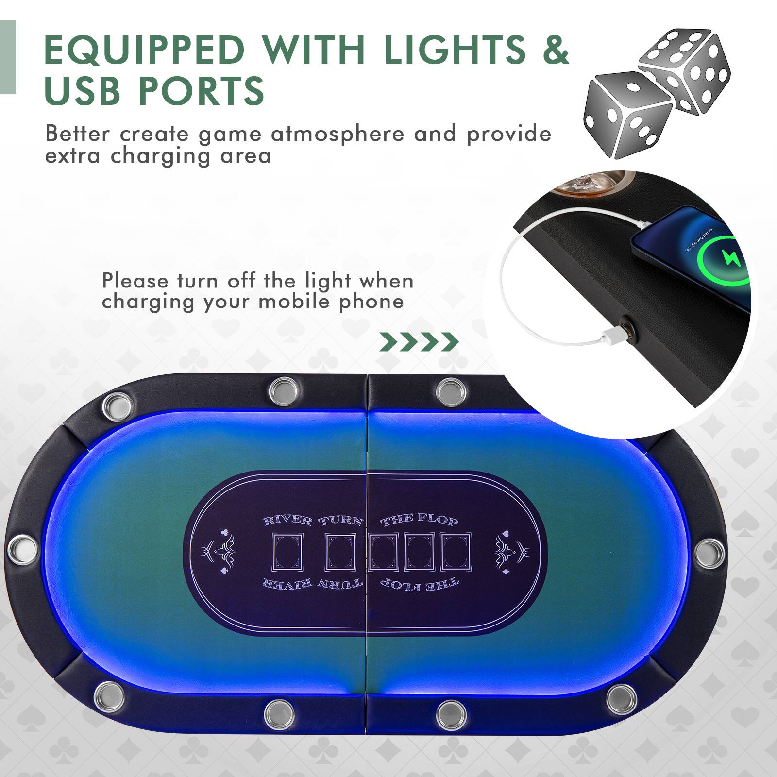 EQUIPPED WITH LIGHTS & USB PORTS  
Better create game atmosphere and provide extra charging area  

Please turn off the light when charging your mobile phone