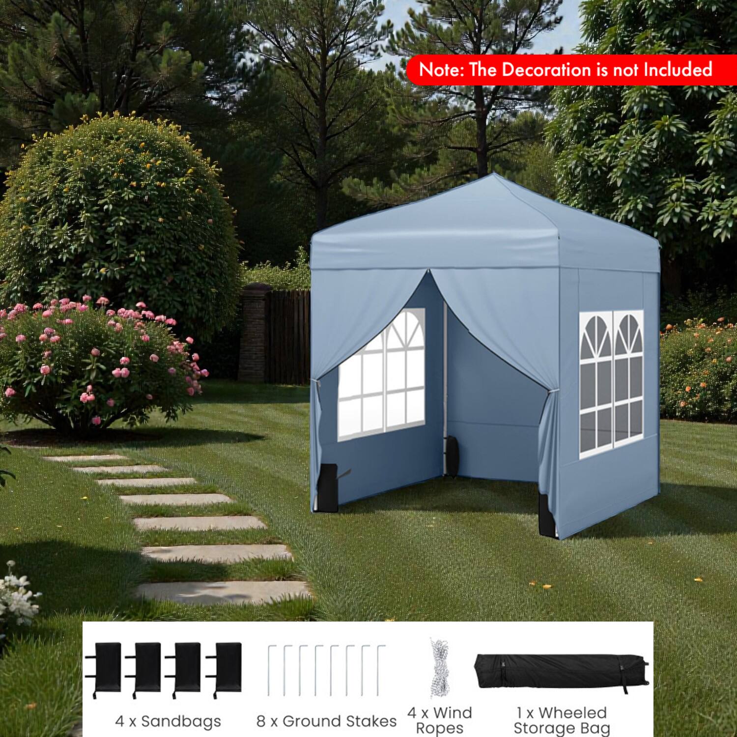 Note: The Decoration is not Included

4 x Sandbags  
8 x Ground Stakes  
4 x Wind Ropes  
1 x Wheeled Storage Bag