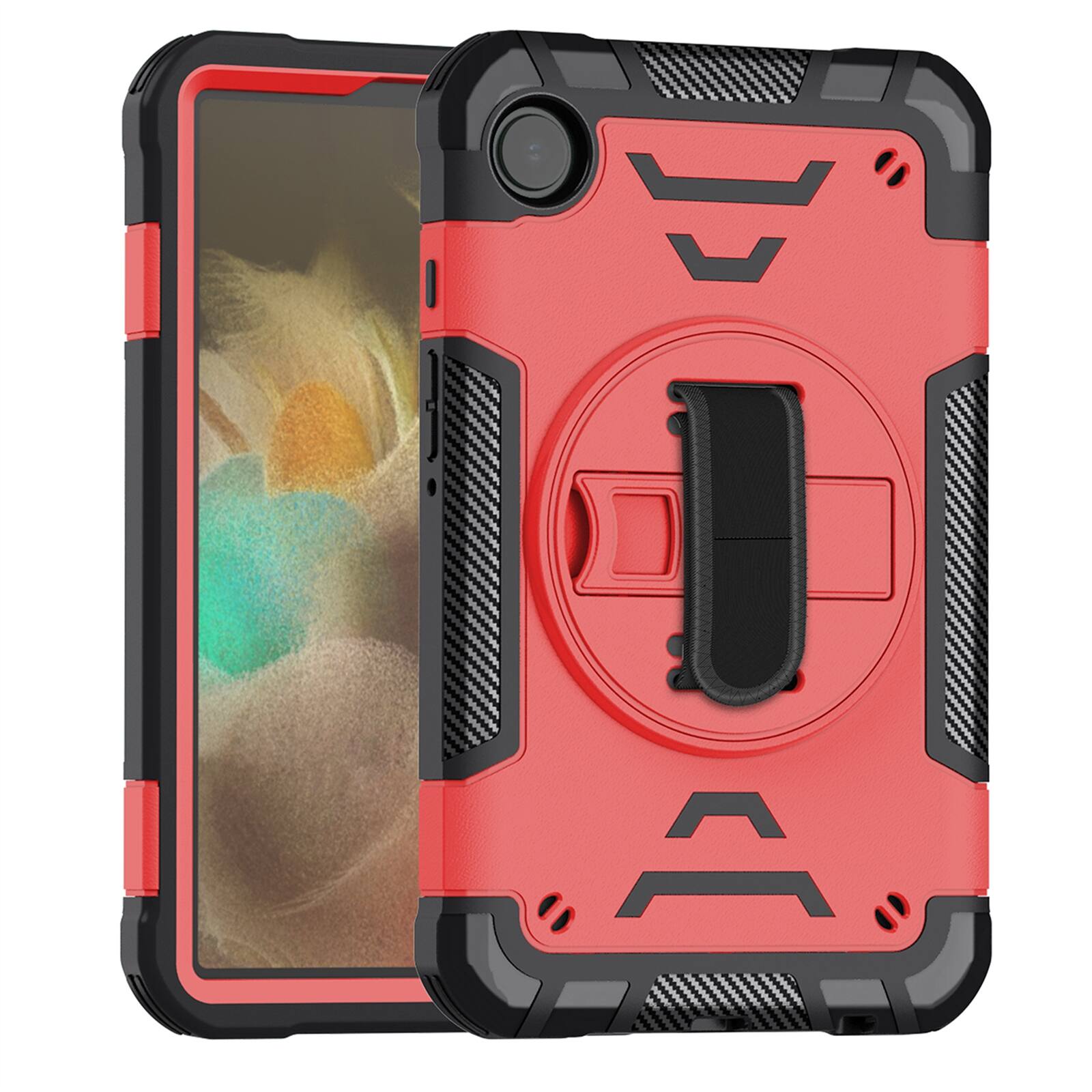 Angle. Dteck - Shockproof Case for Samsung Galaxy Tab A9 with Shoulder Hand Strap, Kid Friendly Rugged Cover with 360 Rotating Stand - Red.