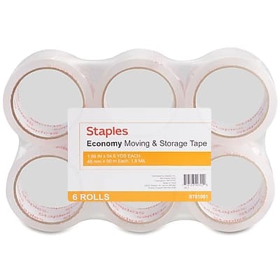 Staples Economy Moving & Storage Tape  
1 88 IN / 54 6 YDS EACH  
45 mm x 50 m Each  
1.5 Mil  
6 ROLLS  
ST61001