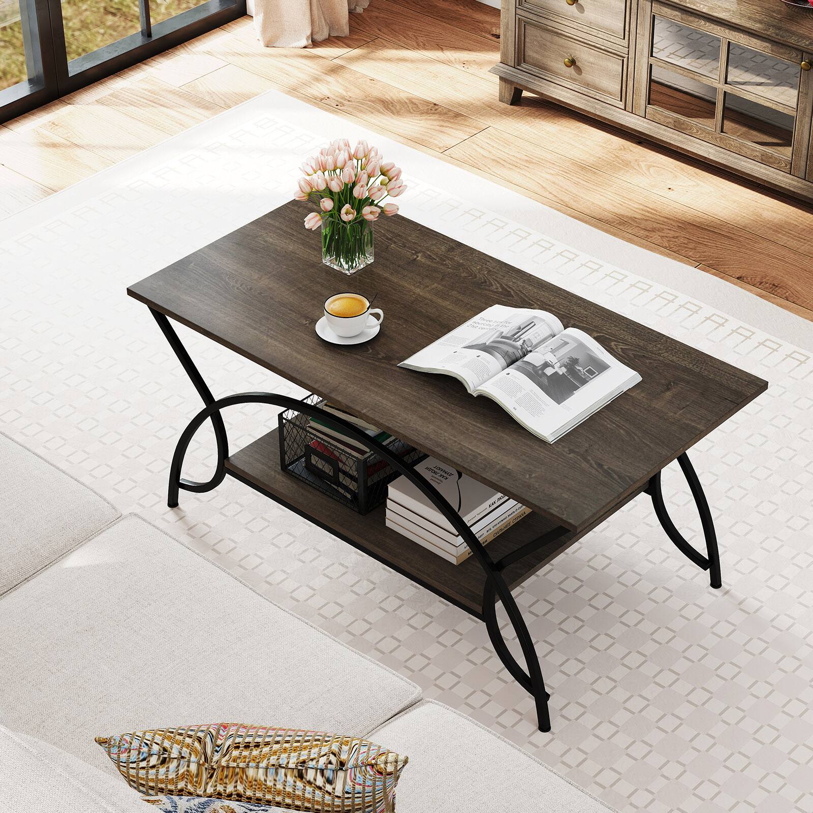 Alt View 5. Costway - Costway 2-Tier Industrial Coffee Table Rectangular Cocktail Table with Storage Shelf - Gray Oak.
