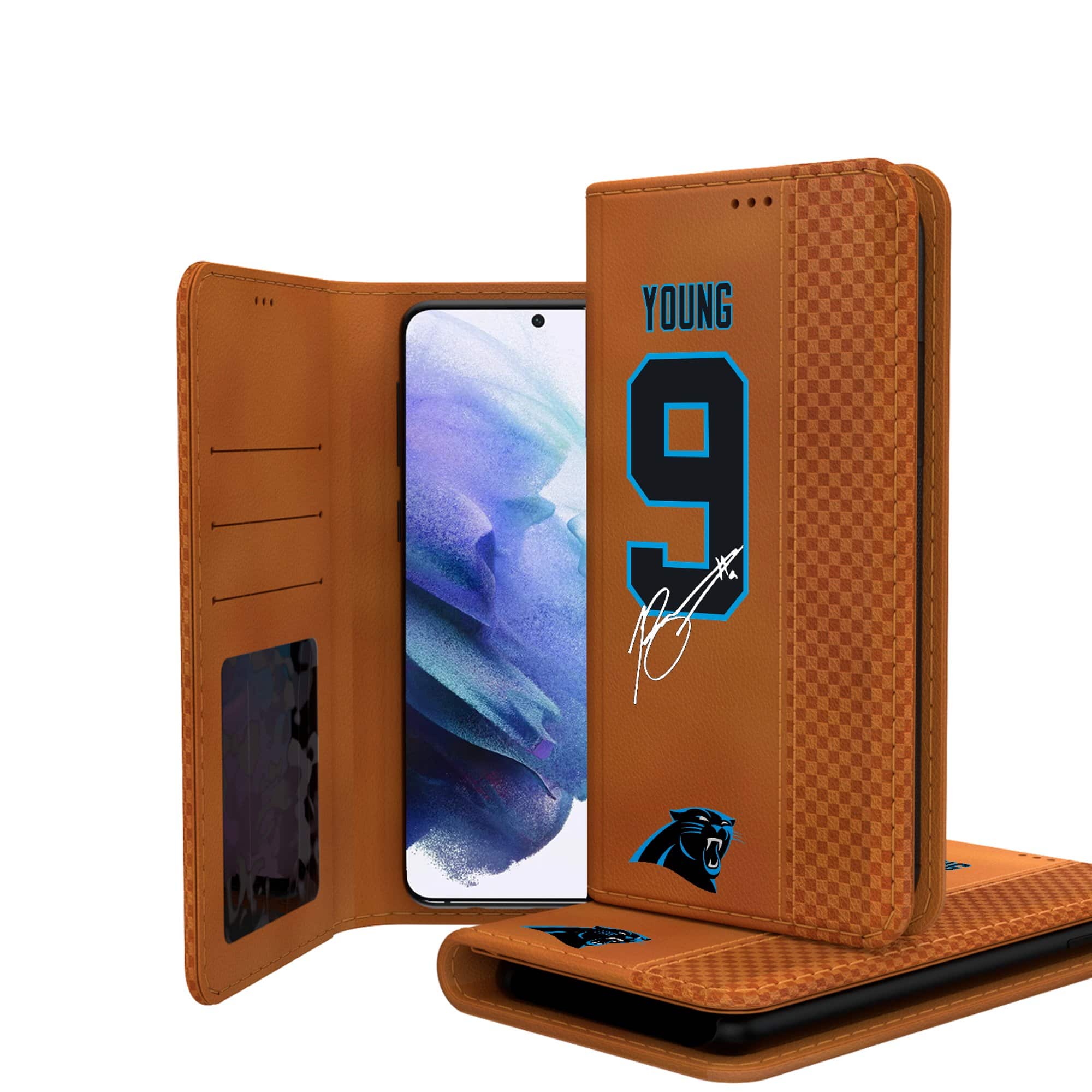 Front. Keyscaper - Bryce Young Brown Carolina Panthers Galaxy Folio Case - S24 - Brown.