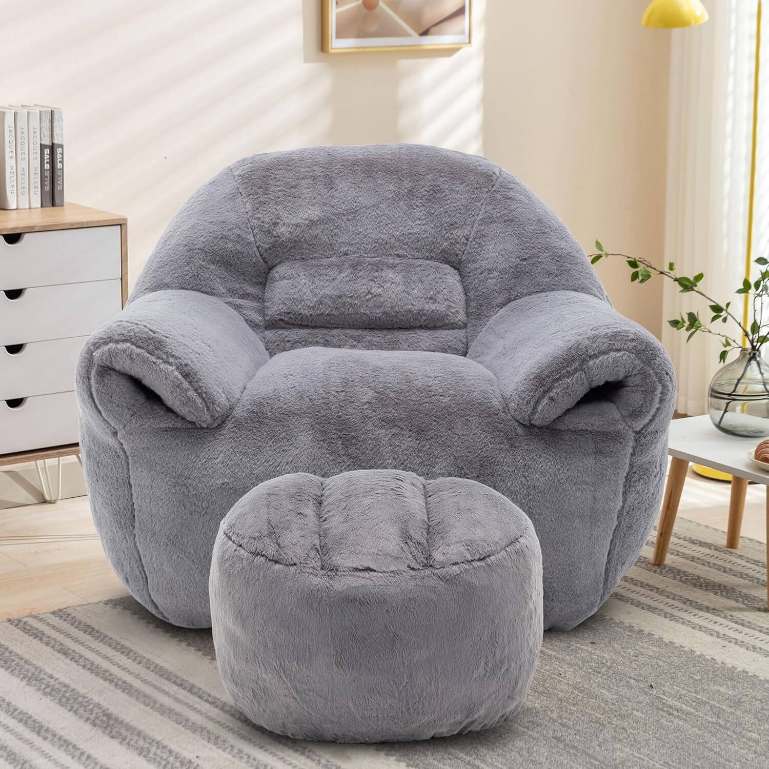 Trinkets Crazed - Bean Bag Chair with Back Support & Foot Stool, Faux Fur Comfy Bean Bag Sofa for Adults - dark gray