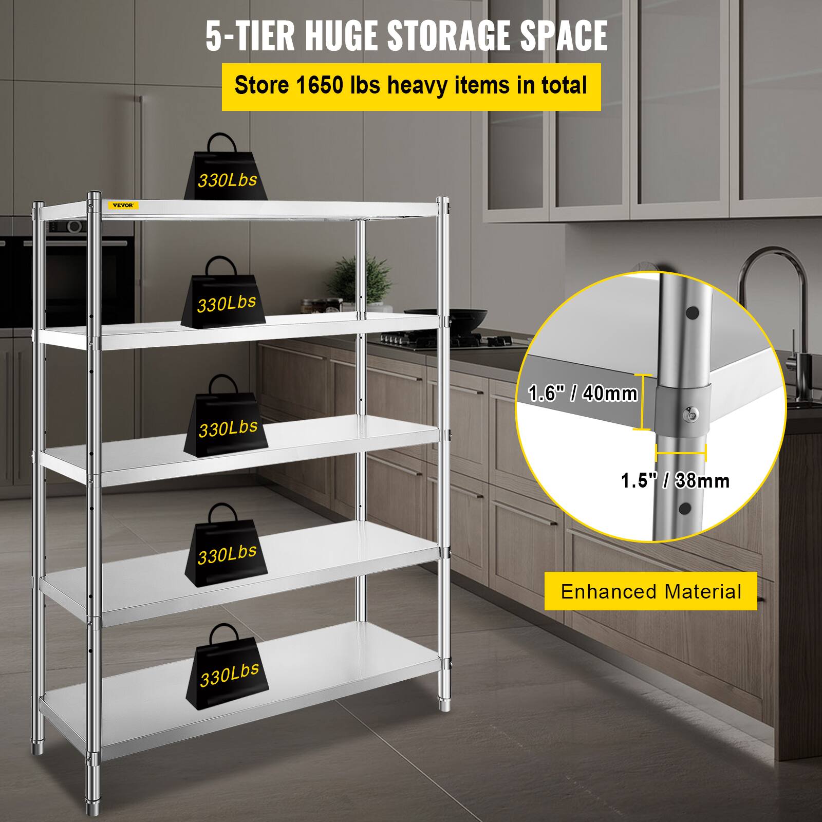 5-TIER HUGE STORAGE SPACE
Store 1650 lbs heavy items in total
330Lbs
330Lbs
330Lbs
330Lbs
330Lbs
1.6" / 40mm
1.6" / 1.5"
1.5" / 38mm
Enhanced Material