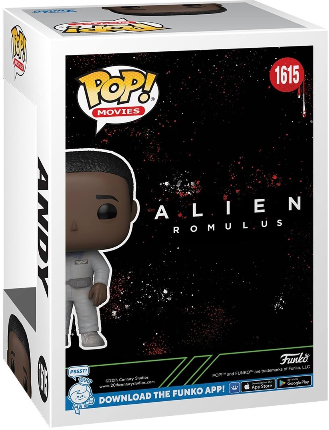 POP! MOVIES ALIEN ANDY ROMULUS V Funko. POP! and FUNKO are trademarks of Funko, LLC. ©20th Century Studios. www.20thcenturystudios.com. DOWNLOAD THE FUNKO APP! PSSST! GET IT ON App Store Google Play.