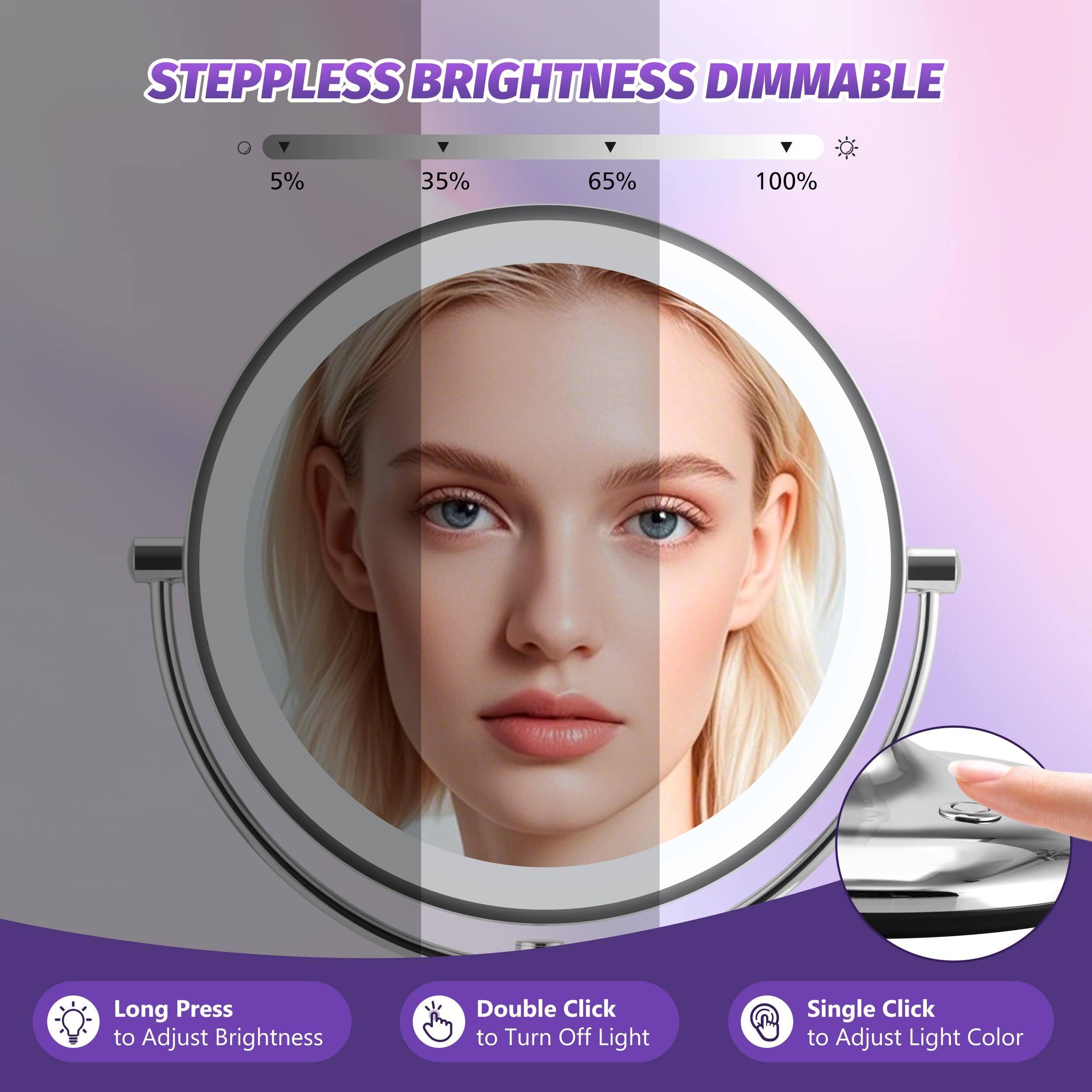 STEPPLESS BRIGHTNESS DIMMABLE

5% 35% 65% 100%

Long Press to Adjust Brightness

Double Click to Turn Off Light

Single Click to Adjust Light Color