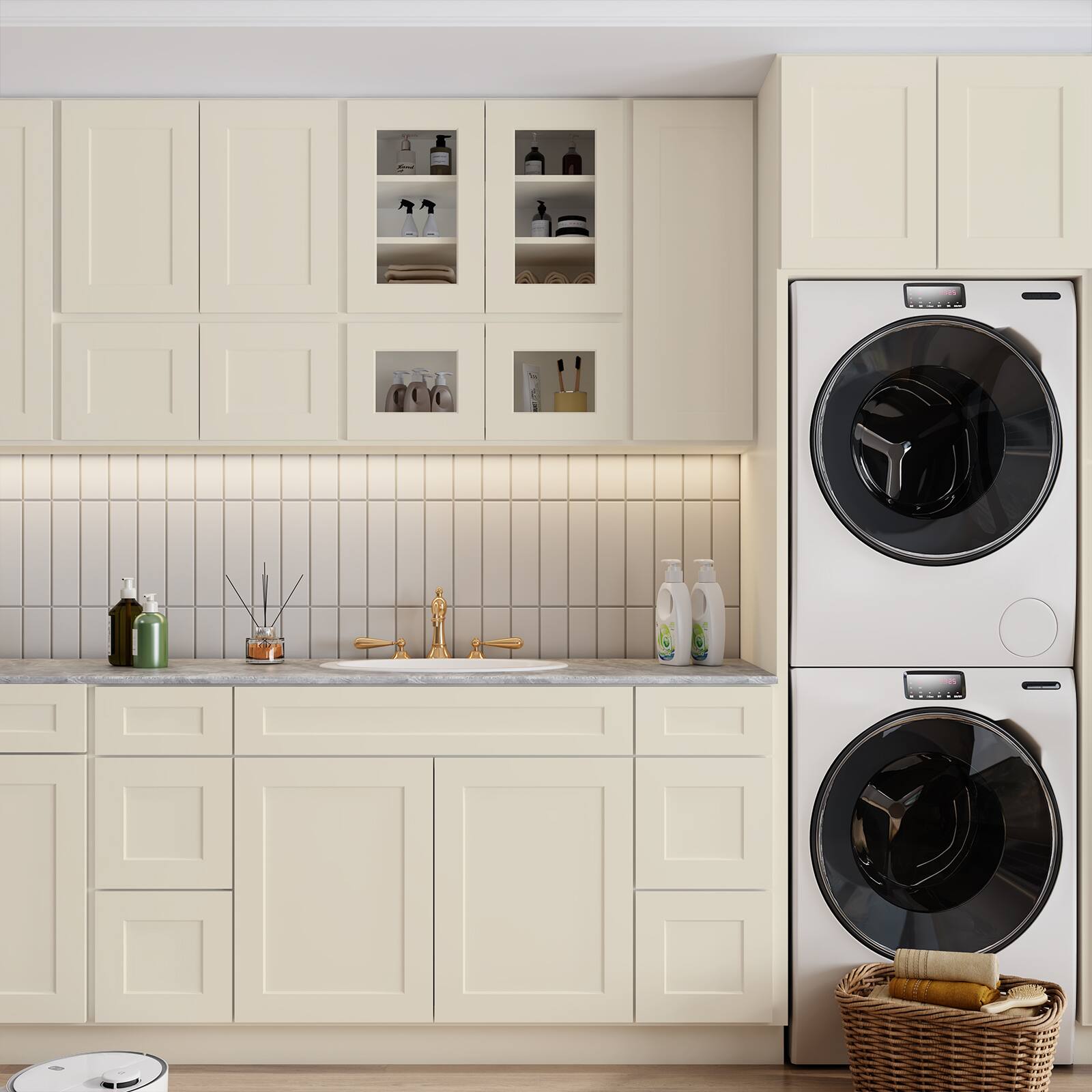 Back. TinyHomie - 36x21x35 Inch Antique White Plywood Ready to Assemble Floor Vanity Sink Base Kitchen Cabinet Left Door - White.