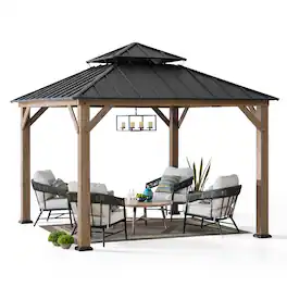 SUNJOY - 11 ft. x 11 ft., 2-Tier Wooden Frame Hardtop Gazebo with Ceiling Hook - Brown