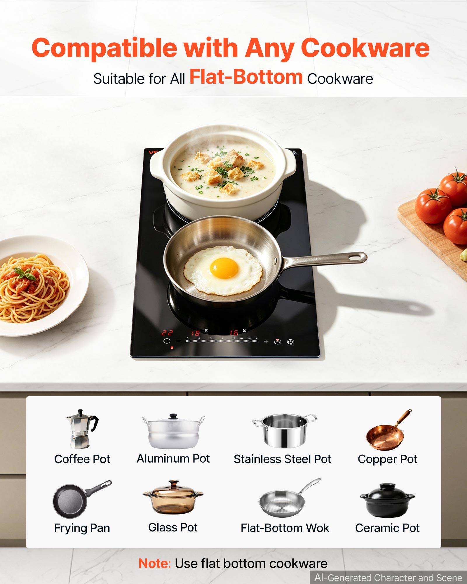 Compatible with Any Cookware  
Suitable for All Flat-Bottom Cookware

22  
18  
16  
14

Coffee Pot  
Aluminum Pot  
Stainless Steel Pot  
Copper Pot  
Frying Pan  
Glass Pot  
Flat-Bottom Wok  
Ceramic Pot

Note: Use flat bottom cookware