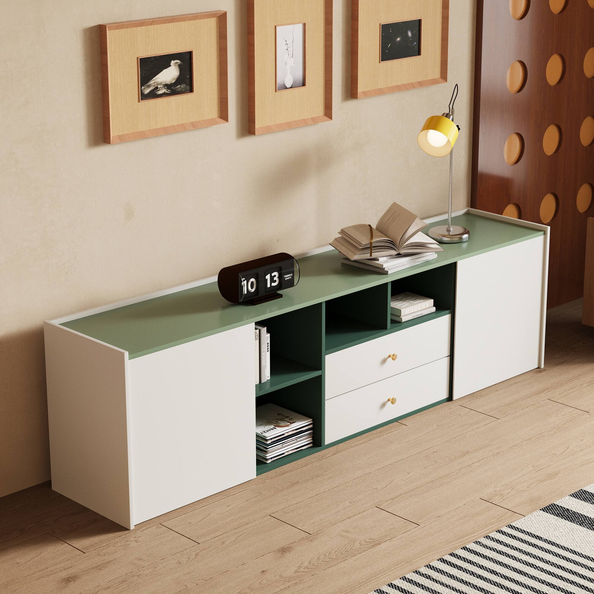 Back. luck idea - Modern Minimalist 78.7” TV Stand, Gold Pulls & Hidden Handles, Large Storage Media Console - Green.
