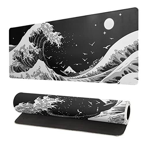 Front. Earthley Blooms - Black Sea Wave Mouse Pad - Abstract Gaming 31.. Non-slip Rubber Base Large Mousepad Stitched Edges Mat Desk - Black Japanese Sea Wave.