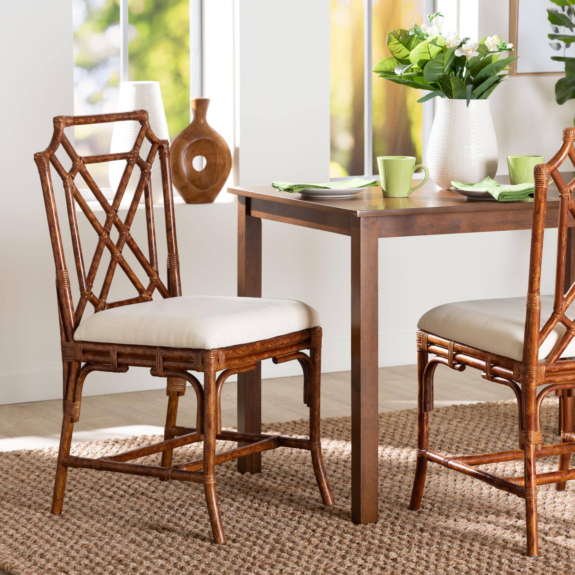 Alt View 4. bali & pari - Esmery Marbled Tortoise Natural Rattan Dining Chair - Handcrafted Wicker Side Chair with Crisscross Back, Boho Seating - Marbled Tortoise Brown/White.