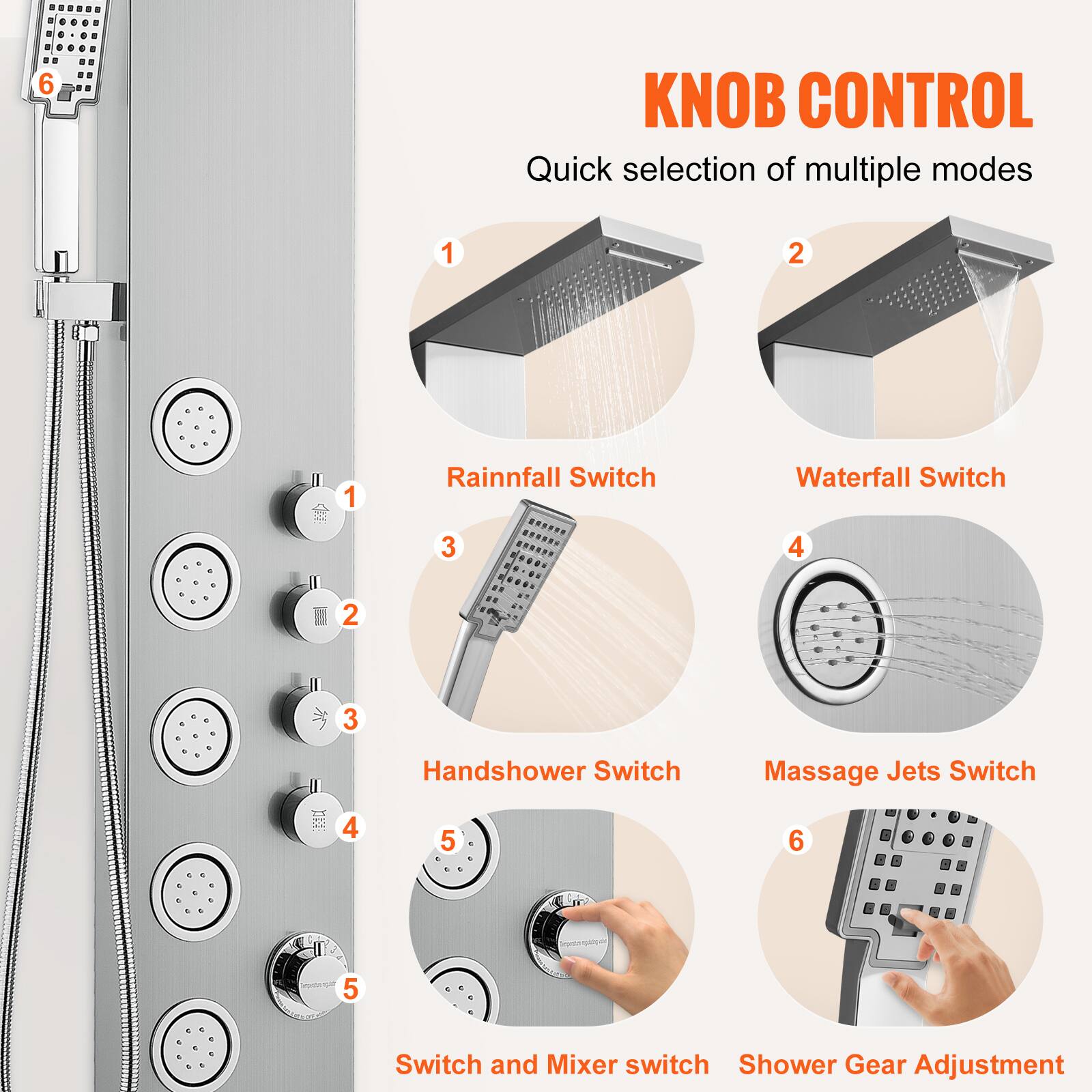 **KNOB CONTROL**  
Quick selection of multiple modes

1. Rainfall Switch
2. Waterfall Switch
3. Handshower Switch
4. Massage Jets Switch
5. Switch and Mixer switch
6. Shower Gear Adjustment