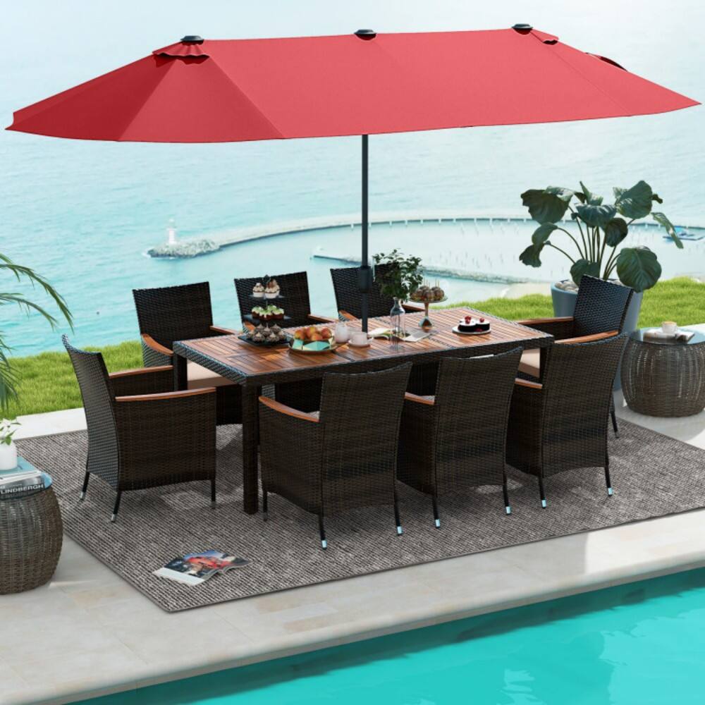Left. Mondawe - 10 Piece Outdoor Dining Set with 15 Feet Double-Sided Twin Patio Umbrella - Red.