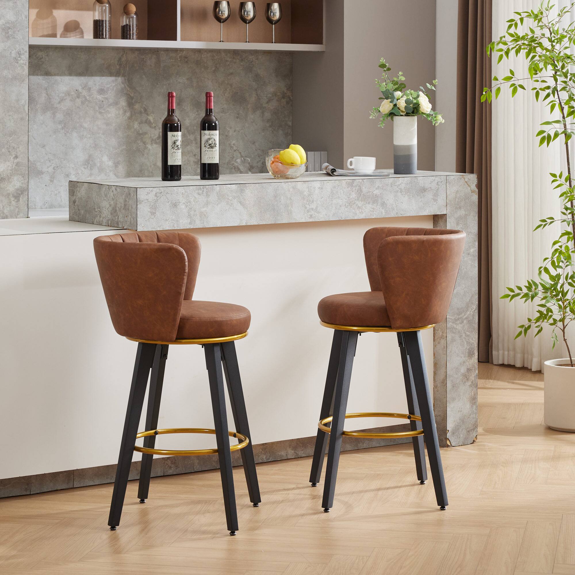 Alt View 7. GOODSILO - Modern Swivel Counter Height Bar Stools Set of 2 with Upholstered Backs and Metal Legs - Brown.