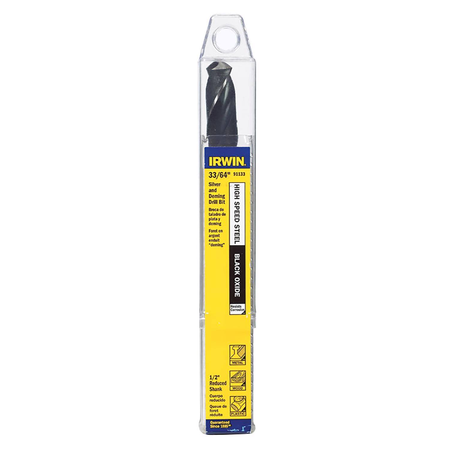 IRWIN 33/64" 91133 Silver and HIGH Speed Deming Drill Bit  
Broca de taladro plata 1 de SPEED deming Foret  
enduit argent STEEL "deming" BLACK OXIDE esiuts  
Coroiu MTAL 1/2 Reduced Shank wie Cuerpo reducido Queue de toret  
LI1L4 Guaranteed Since 18m9