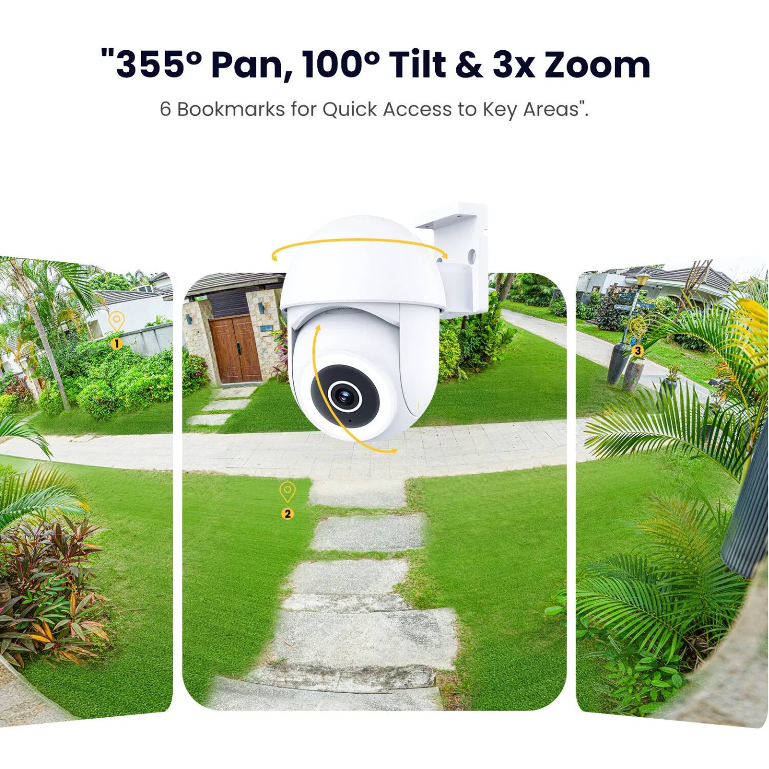"355° Pan, 100° Tilt & 3x Zoom  
6 Bookmarks for Quick Access to Key Areas"