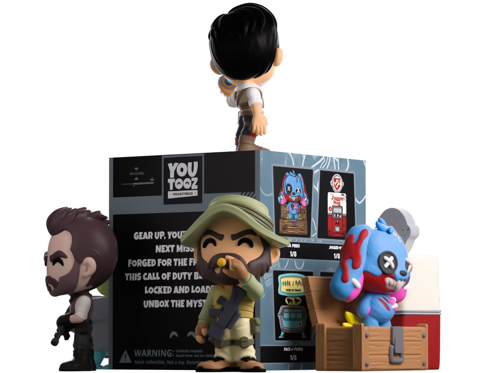 TACI LOCK
YOU TOOZ COLLECTIBLES
x
Jugger-Nog D
GEAR UP, YOU NEXT MISS FORGED FOR THE F THIS CALL OF DUTY B LOCKED AND LOAD UNBOX THE MYST
PEEKS 1/8
JUGGER-N 1/8
X
CHOKING HAZARD WARNING Small Parts. Not for children! Adult collectible. Not a toy. Recom
PACK-A-PUNCH 1/8